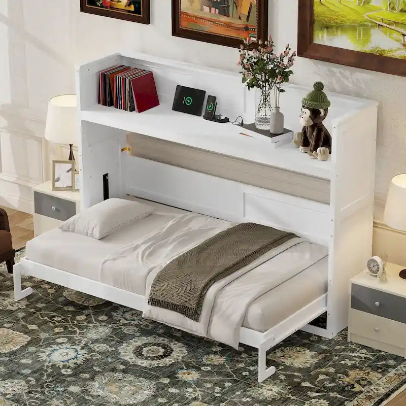 Lit escamotable avec bureau et éclairage LED, cadre de lit en bois massif avec station de recharge USB, pour petits espaces et bureaux à domicile