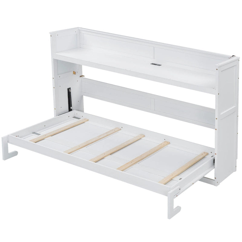 Lit escamotable avec bureau et éclairage LED, cadre de lit en bois massif avec station de recharge USB, pour petits espaces et bureaux à domicile
