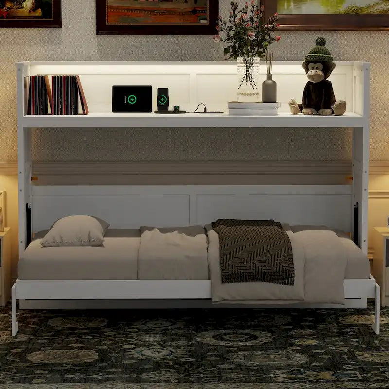 Lit escamotable avec bureau et éclairage LED, cadre de lit en bois massif avec station de recharge USB, pour petits espaces et bureaux à domicile