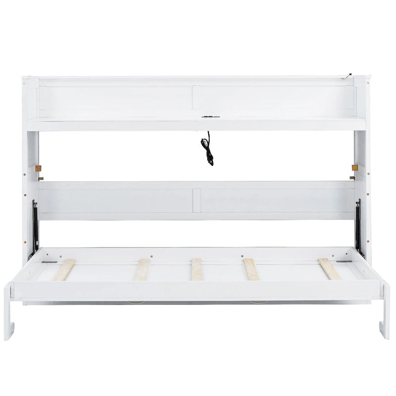 Lit escamotable avec bureau et éclairage LED, cadre de lit en bois massif avec station de recharge USB, pour petits espaces et bureaux à domicile