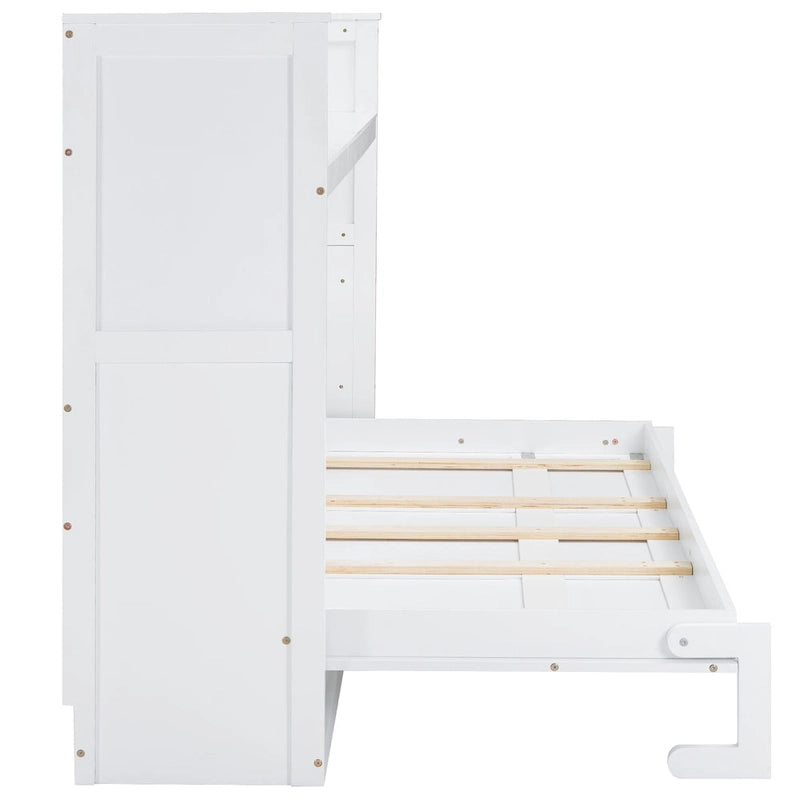 Lit escamotable avec bureau et éclairage LED, cadre de lit en bois massif avec station de recharge USB, pour petits espaces et bureaux à domicile