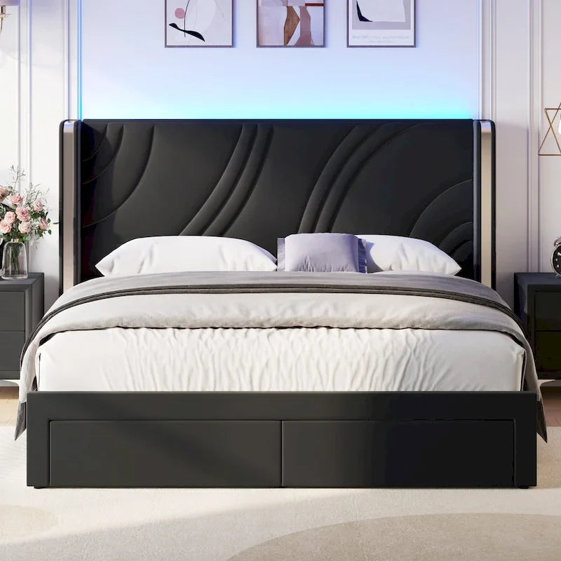 Lit plateforme capitonné en velours avec bande lumineuse d'ambiance intelligente, tête de lit à oreilles et tiroirs de rangement coulissants en pied de lit