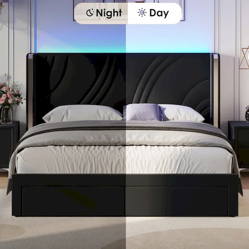 Lit plateforme capitonné en velours avec bande lumineuse d'ambiance intelligente, tête de lit à oreilles et tiroirs de rangement coulissants en pied de lit