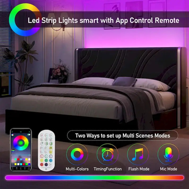 Lit plateforme capitonné en velours avec bande lumineuse d'ambiance intelligente, tête de lit à oreilles et tiroirs de rangement coulissants en pied de lit