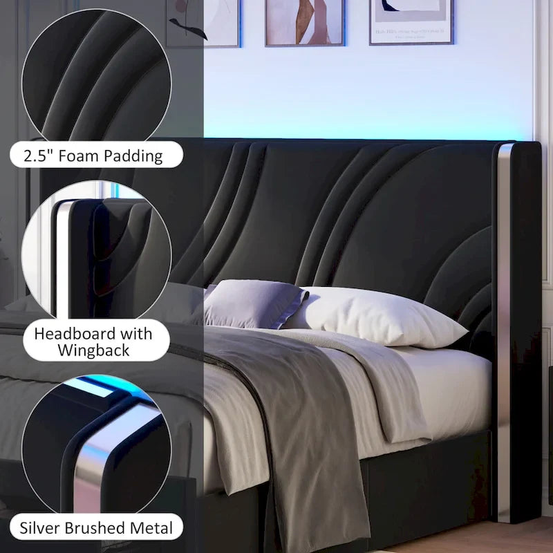 Lit plateforme capitonné en velours avec bande lumineuse d'ambiance intelligente, tête de lit à oreilles et tiroirs de rangement coulissants en pied de lit