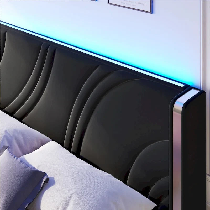 Lit plateforme capitonné en velours avec bande lumineuse d'ambiance intelligente, tête de lit à oreilles et tiroirs de rangement coulissants en pied de lit