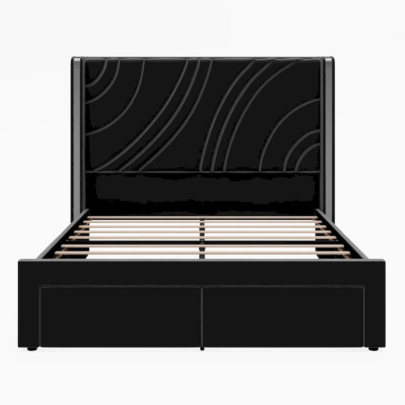 Lit plateforme capitonné en velours avec bande lumineuse d'ambiance intelligente, tête de lit à oreilles et tiroirs de rangement coulissants en pied de lit