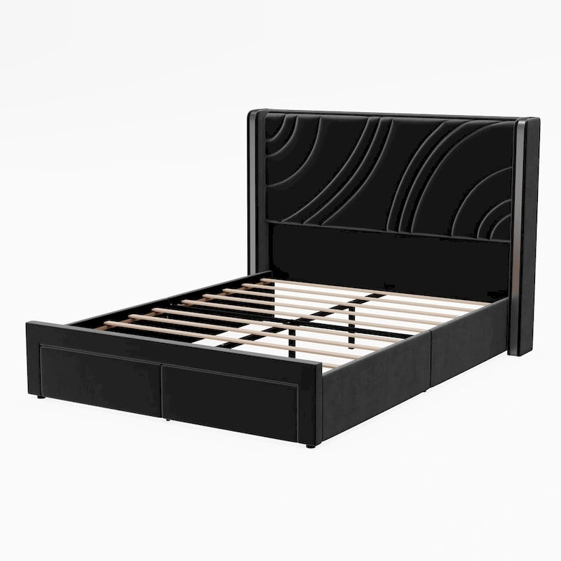 Lit plateforme capitonné en velours avec bande lumineuse d'ambiance intelligente, tête de lit à oreilles et tiroirs de rangement coulissants en pied de lit