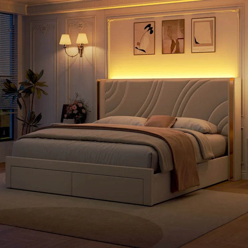 Lit plateforme capitonné en velours avec bande lumineuse d'ambiance intelligente, tête de lit à oreilles et tiroirs de rangement coulissants en pied de lit
