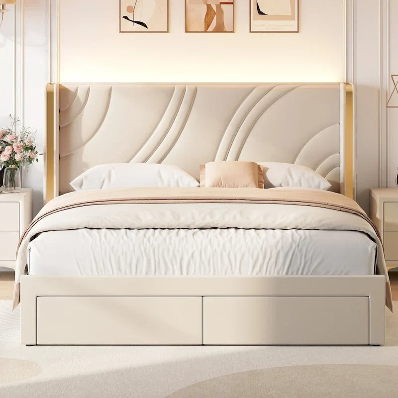 Lit plateforme capitonné en velours avec bande lumineuse d'ambiance intelligente, tête de lit à oreilles et tiroirs de rangement coulissants en pied de lit