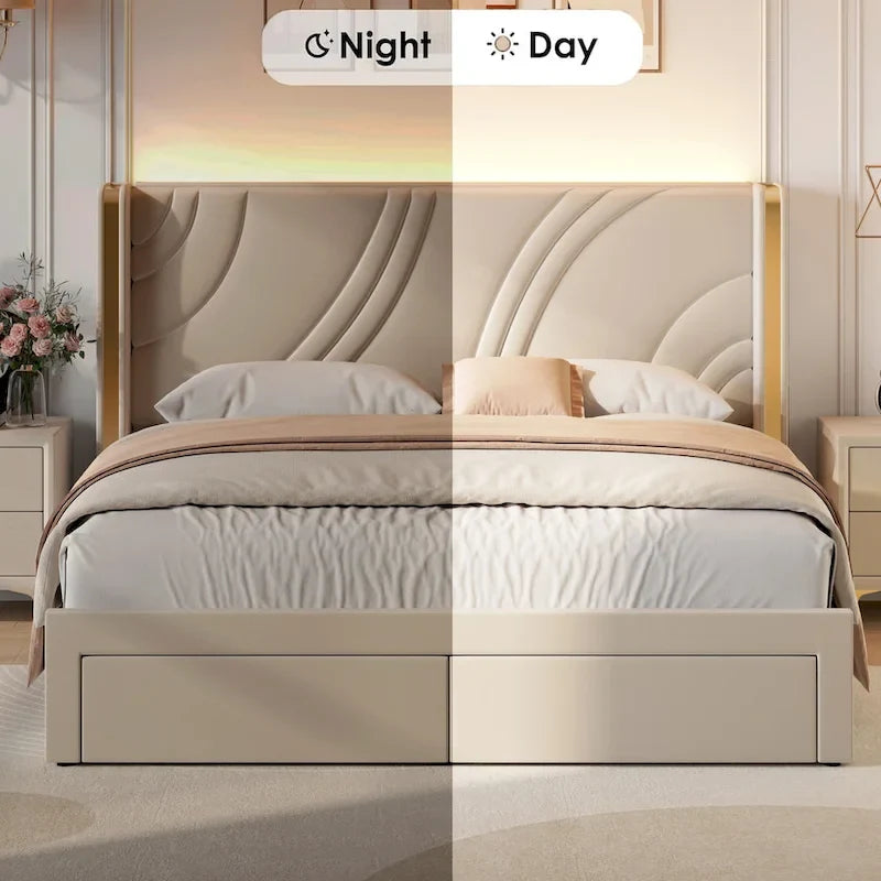 Lit plateforme capitonné en velours avec bande lumineuse d'ambiance intelligente, tête de lit à oreilles et tiroirs de rangement coulissants en pied de lit
