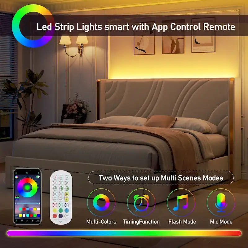 Lit plateforme capitonné en velours avec bande lumineuse d'ambiance intelligente, tête de lit à oreilles et tiroirs de rangement coulissants en pied de lit