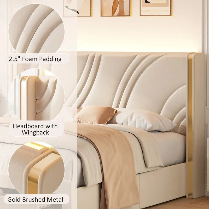 Lit plateforme capitonné en velours avec bande lumineuse d'ambiance intelligente, tête de lit à oreilles et tiroirs de rangement coulissants en pied de lit
