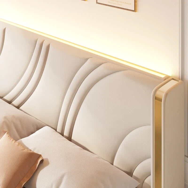 Lit plateforme capitonné en velours avec bande lumineuse d'ambiance intelligente, tête de lit à oreilles et tiroirs de rangement coulissants en pied de lit