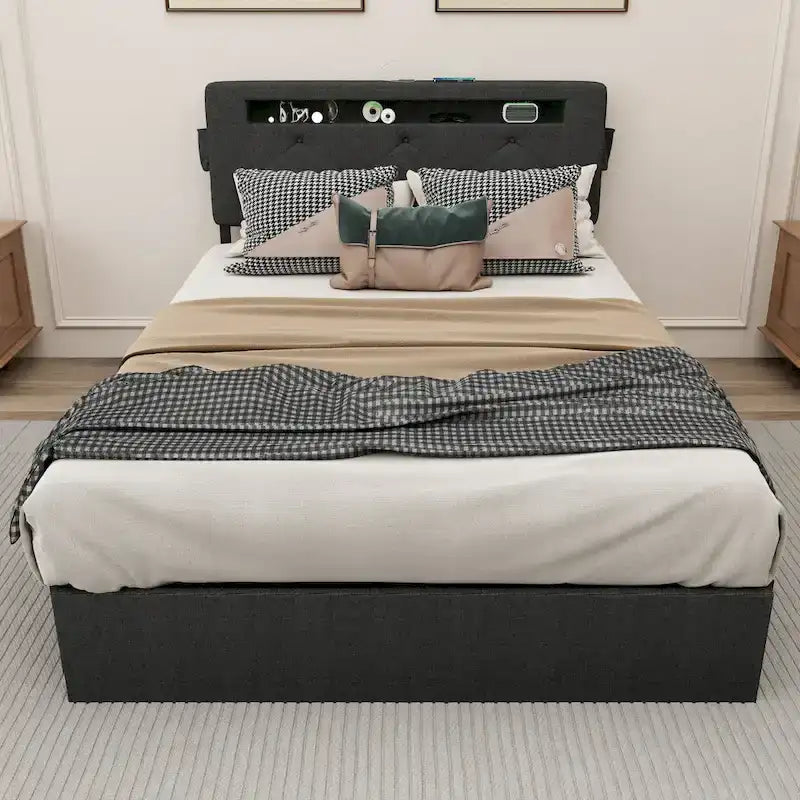 Dark Gray Queen Size Platform Bed with 4 Storage Drawers, USB & LED Lights