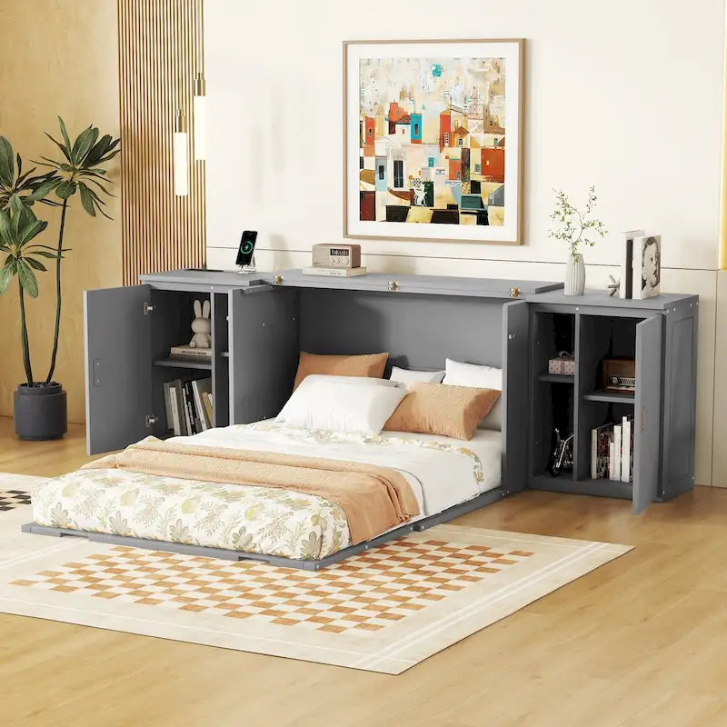 Lit escamotable gris pleine grandeur avec étagères, armoires et ports de chargement USB