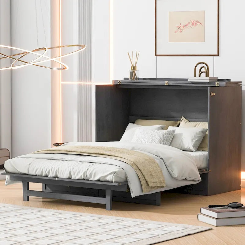Lit escamotable moderne deux places avec tiroirs de rangement polyvalents et port USB