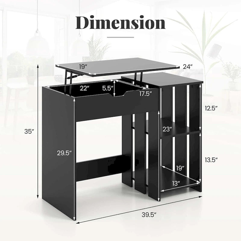 Bureau assis-debout avec plateau relevable et compartiments cachés