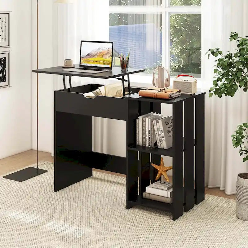 Bureau assis-debout avec plateau relevable et compartiments cachés