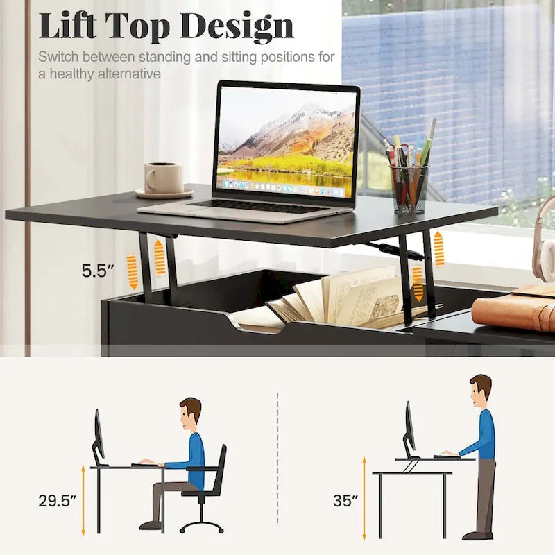 Bureau assis-debout avec plateau relevable et compartiments cachés