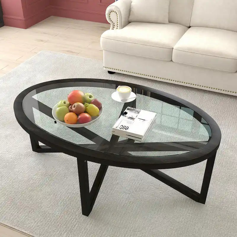 Contemporary Glass Coffee Table with Wood Base