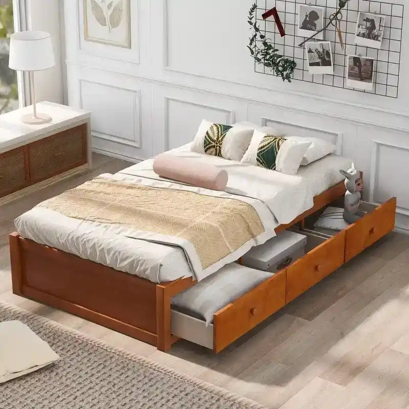 Cadre de lit plateforme simple en bois massif avec 3 tiroirs de rangement