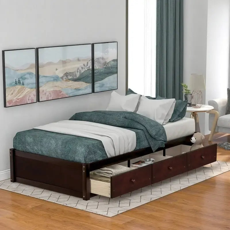 Cadre de lit plateforme simple en bois massif avec 3 tiroirs de rangement