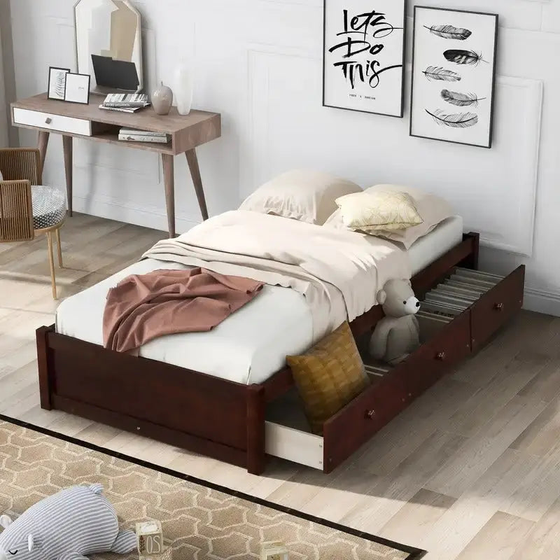 Cadre de lit plateforme simple en bois massif avec 3 tiroirs de rangement