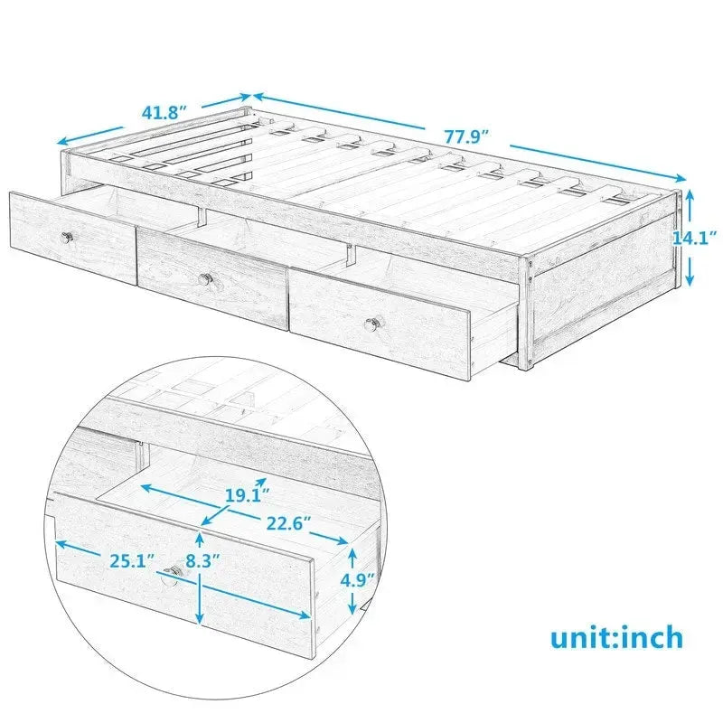 Cadre de lit plateforme simple en bois massif avec 3 tiroirs de rangement