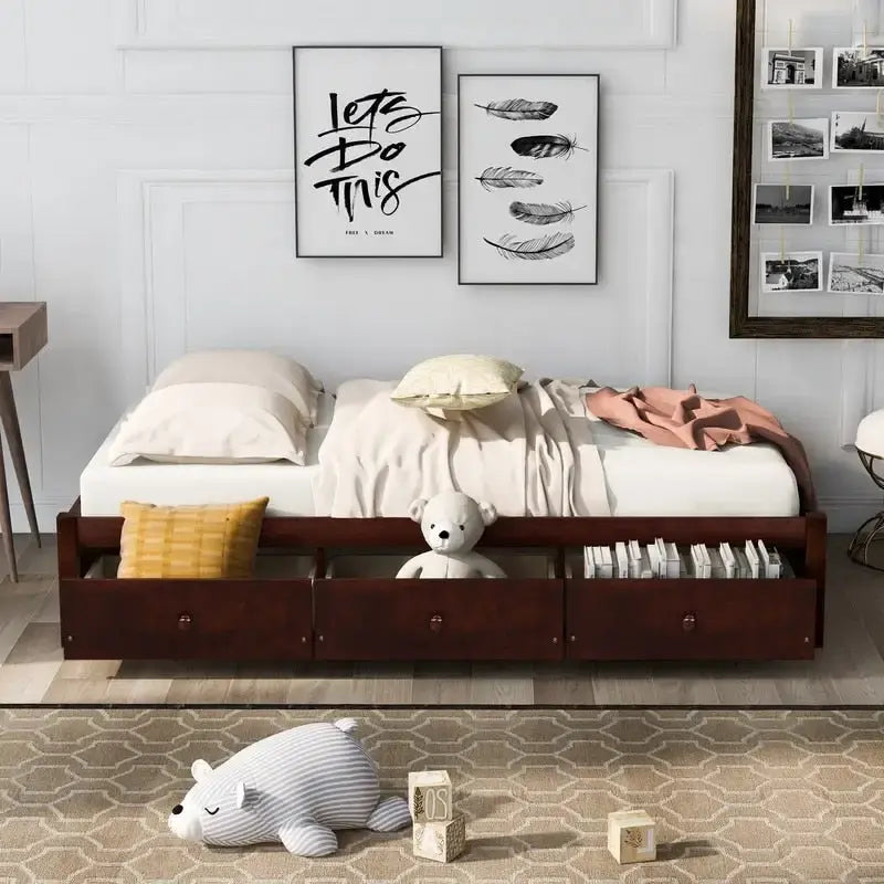 Cadre de lit plateforme simple en bois massif avec 3 tiroirs de rangement