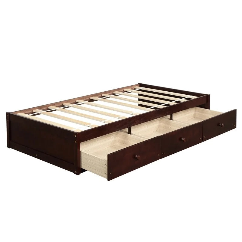 Cadre de lit plateforme simple en bois massif avec 3 tiroirs de rangement