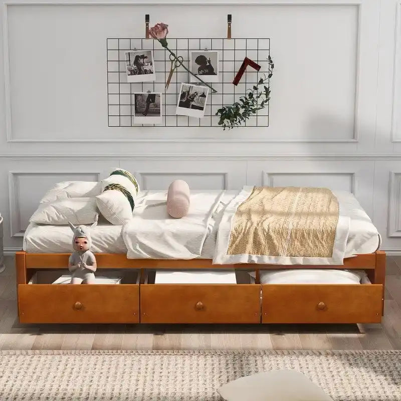 Cadre de lit plateforme simple en bois massif avec 3 tiroirs de rangement