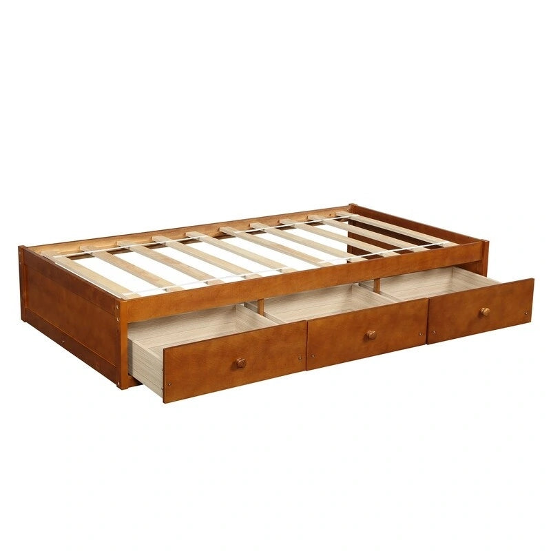 Cadre de lit plateforme simple en bois massif avec 3 tiroirs de rangement