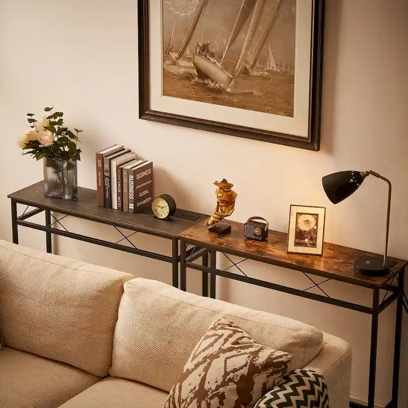 Console rectangulaire industrielle en bois avec prises secteur et ports de charge USB