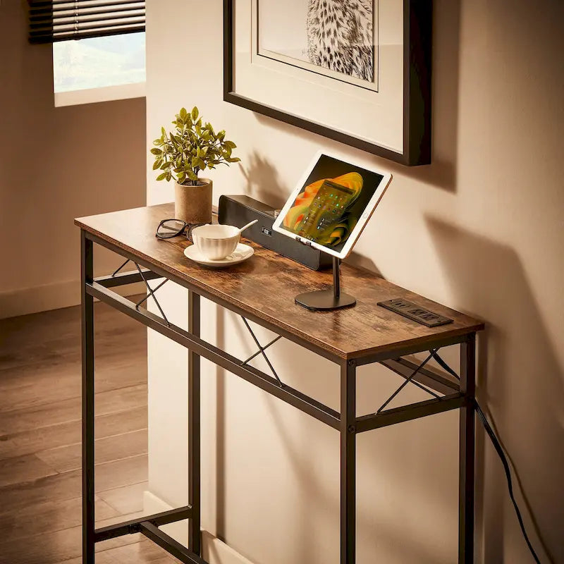 Console rectangulaire industrielle en bois avec prises secteur et ports de charge USB