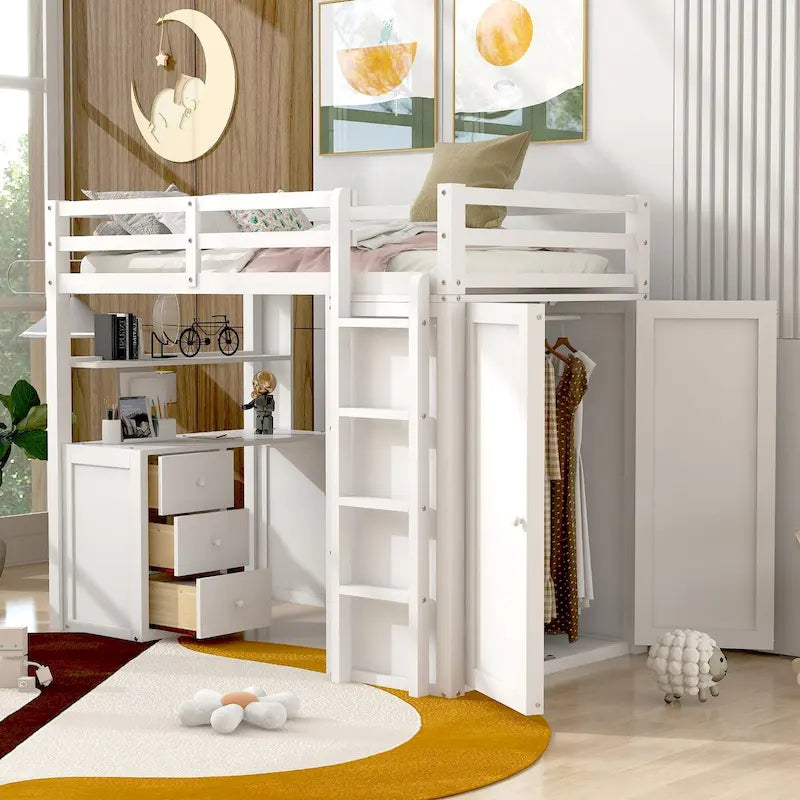 Lit mezzanine multifonction en pin avec bureau, armoire, tiroirs et étagères