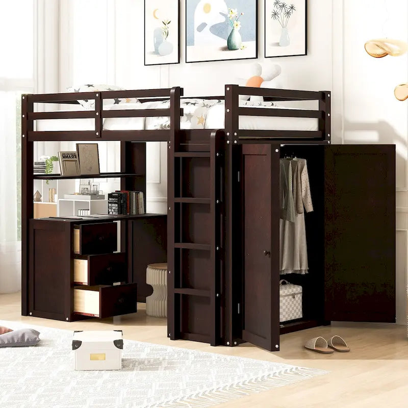 Lit mezzanine multifonction en pin avec bureau, armoire, tiroirs et étagères
