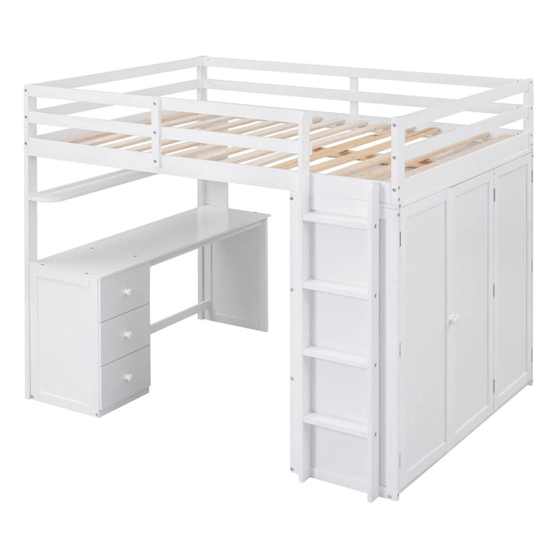 Lit mezzanine multifonction en pin avec bureau, armoire, tiroirs et étagères