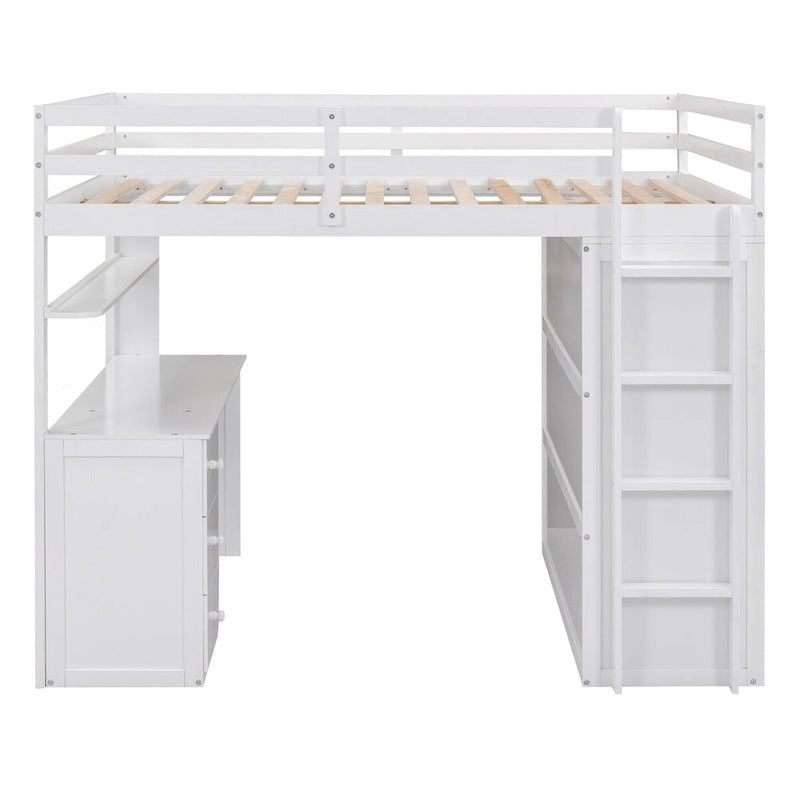 Lit mezzanine multifonction en pin avec bureau, armoire, tiroirs et étagères