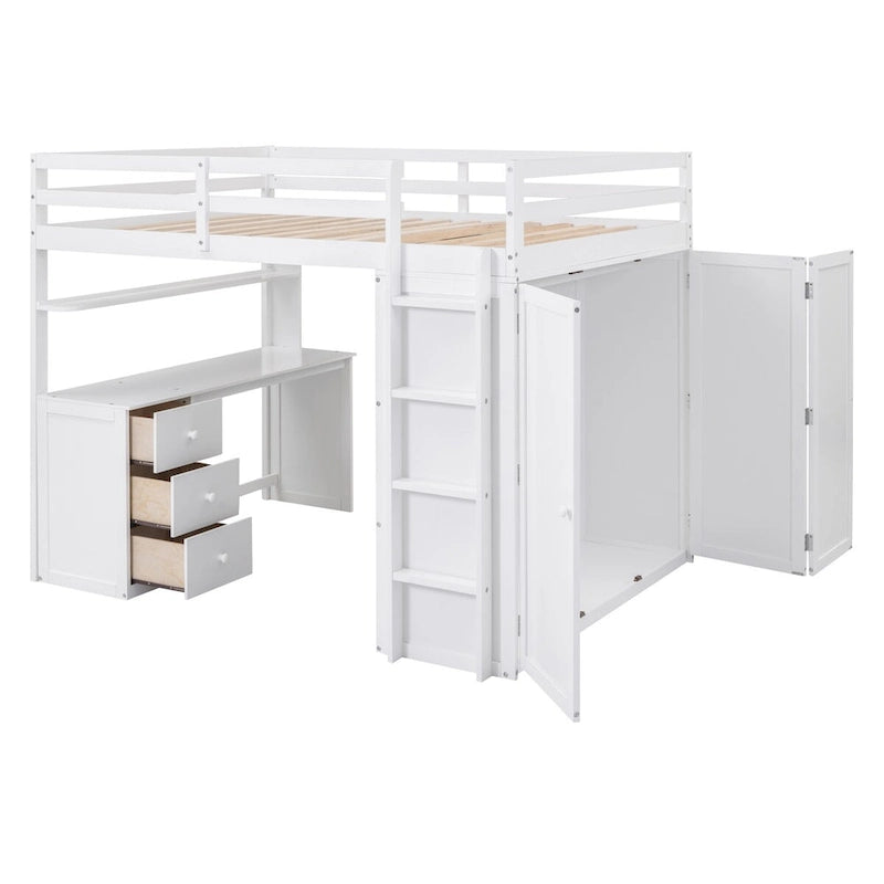 Lit mezzanine multifonction en pin avec bureau, armoire, tiroirs et étagères