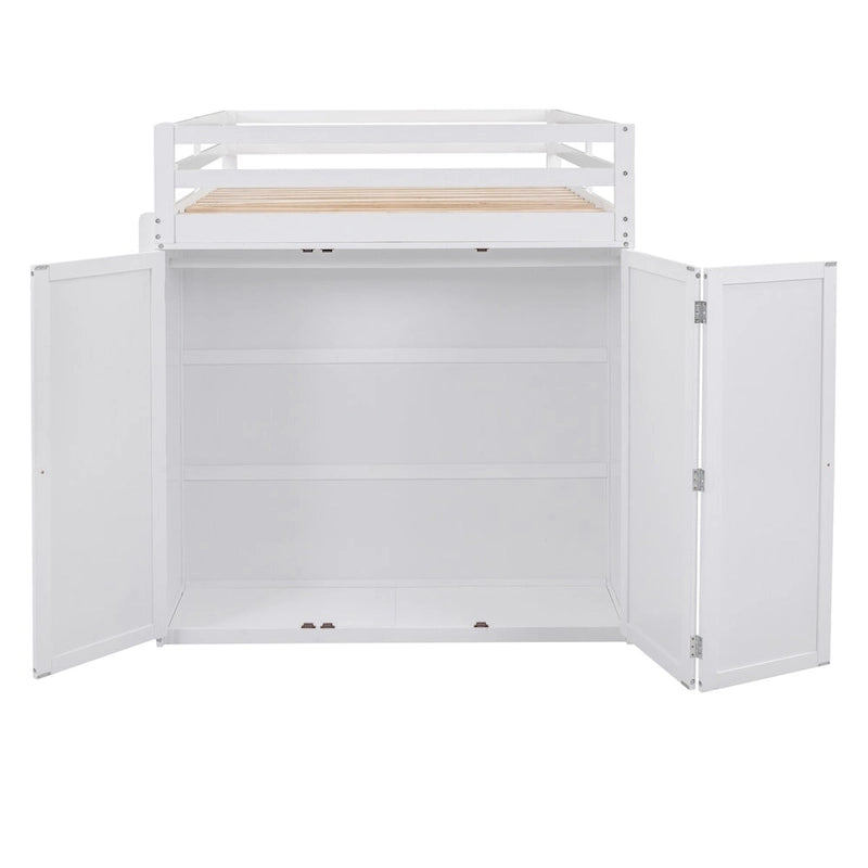 Lit mezzanine multifonction en pin avec bureau, armoire, tiroirs et étagères