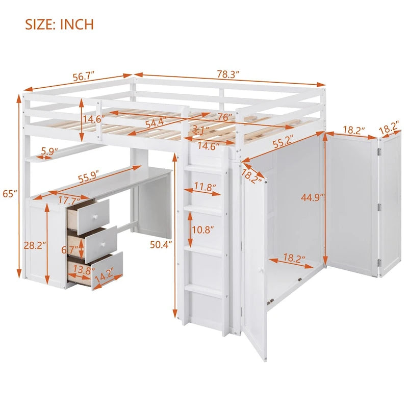 Lit mezzanine multifonction en pin avec bureau, armoire, tiroirs et étagères