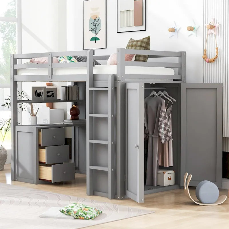 Lit mezzanine multifonction en pin avec bureau, armoire, tiroirs et étagères
