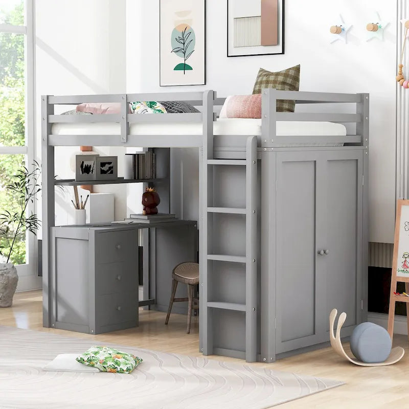 Lit mezzanine multifonction en pin avec bureau, armoire, tiroirs et étagères