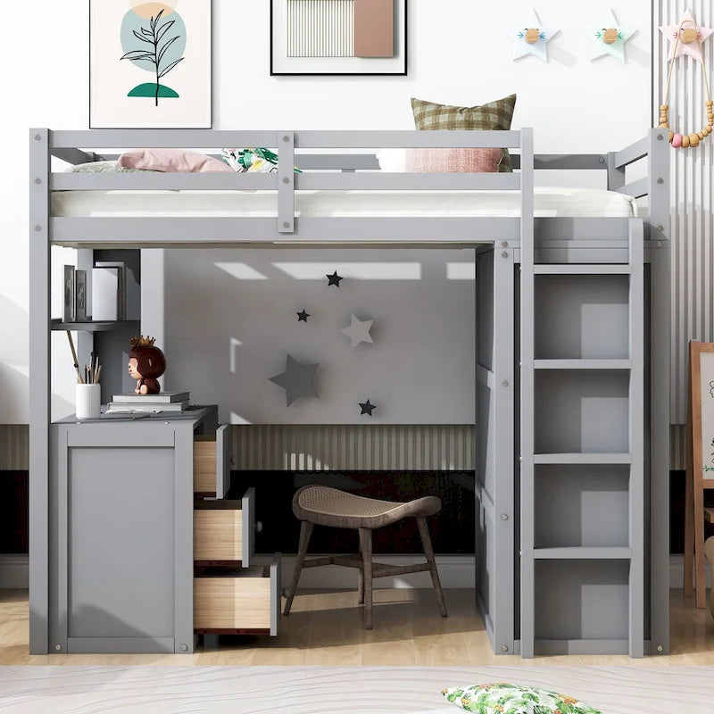 Lit mezzanine multifonction en pin avec bureau, armoire, tiroirs et étagères