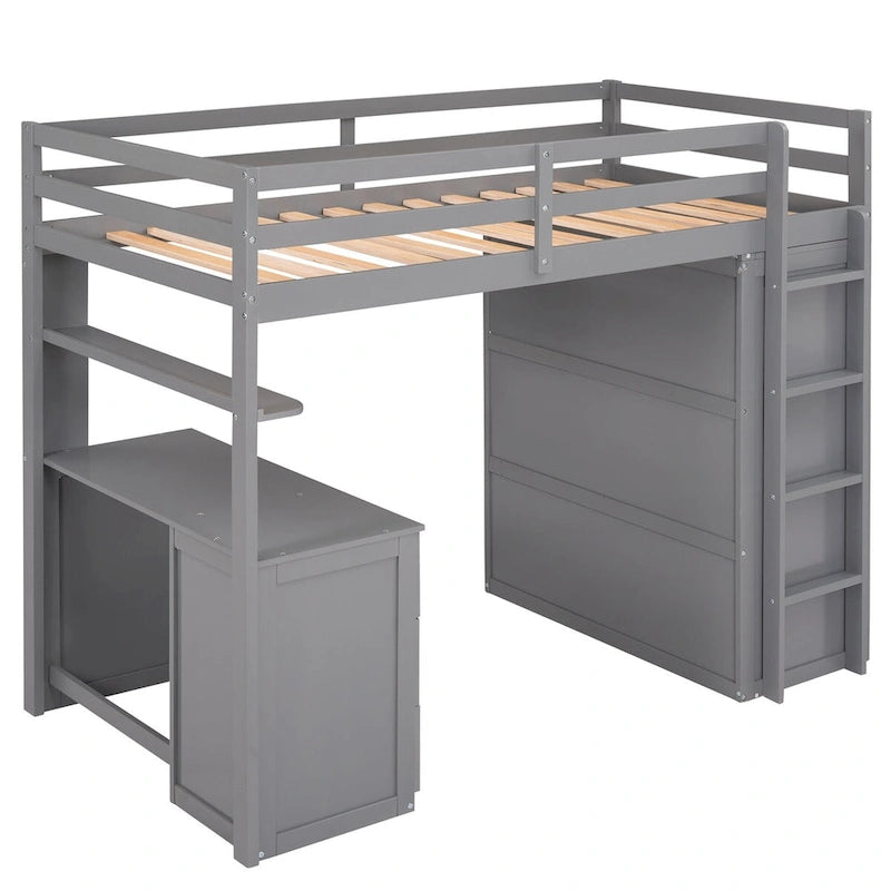 Lit mezzanine multifonction en pin avec bureau, armoire, tiroirs et étagères