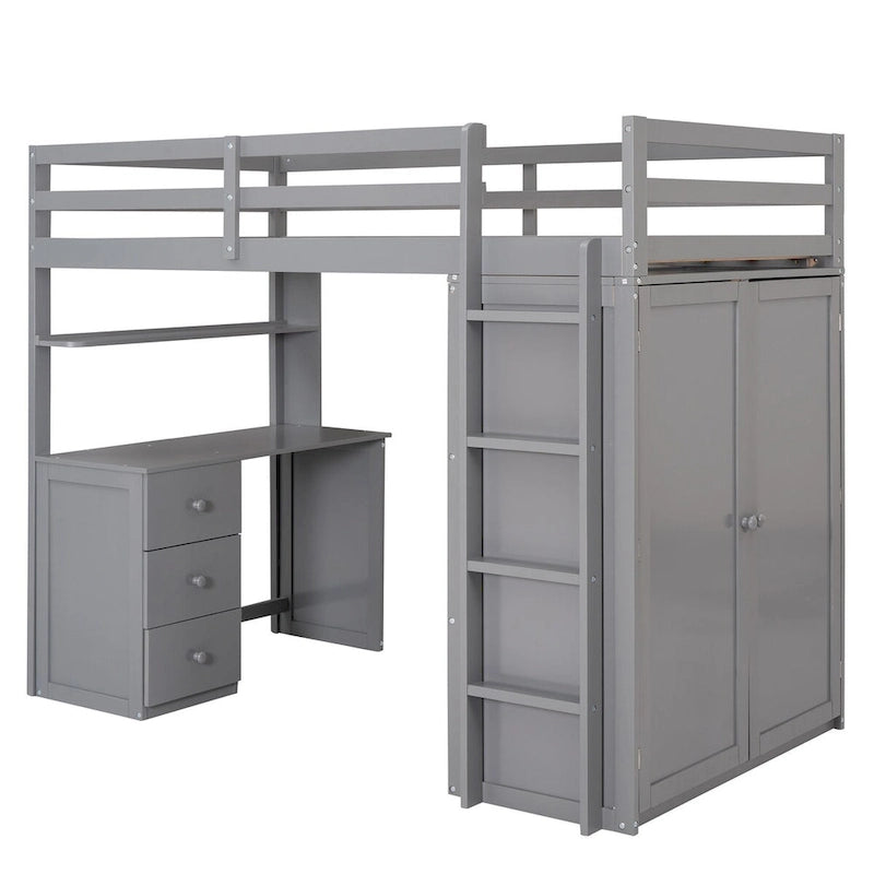 Lit mezzanine multifonction en pin avec bureau, armoire, tiroirs et étagères