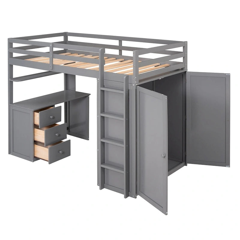 Lit mezzanine multifonction en pin avec bureau, armoire, tiroirs et étagères