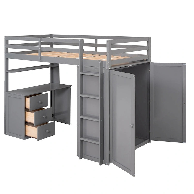 Lit mezzanine multifonction en pin avec bureau, armoire, tiroirs et étagères