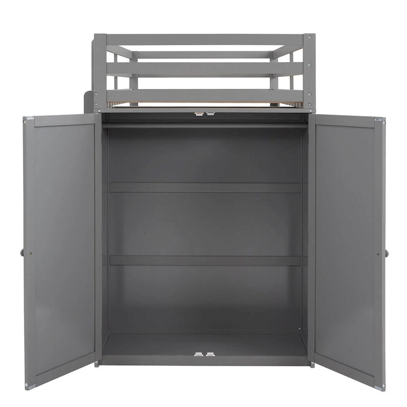 Lit mezzanine multifonction en pin avec bureau, armoire, tiroirs et étagères